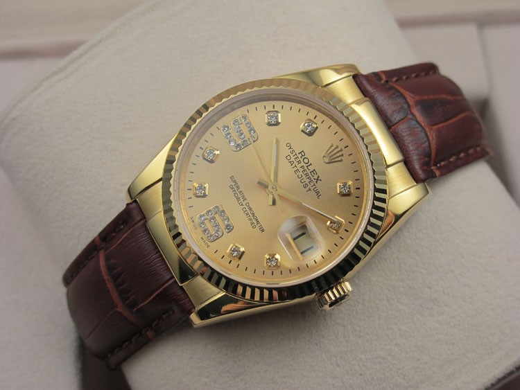 Rolex Datejust 36mm Swiss Automatic Watch 18K Gold-Golden Dial Diamond Markers-Dark Brown Leather Bracelet