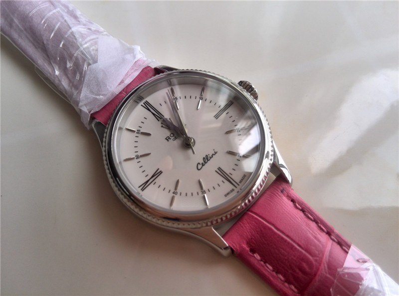 Rolex Cellini Swiss eta 2824 Automatic Women Watch-White Dial Pink Leather Bracelet