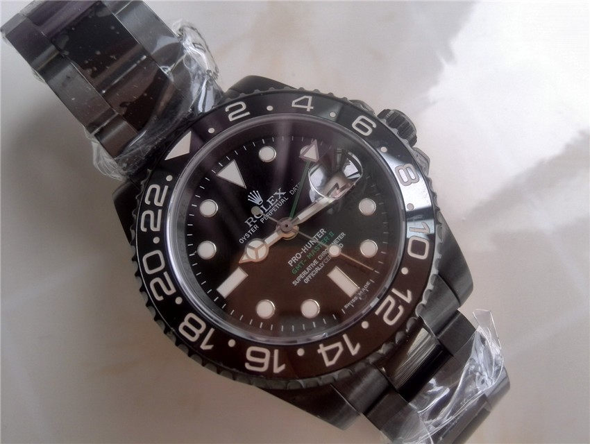 Rolex GMT II Pro Hunter Swiss Automatic Watch-Black PVD Coated Oyster Stainless Steel Bracelet