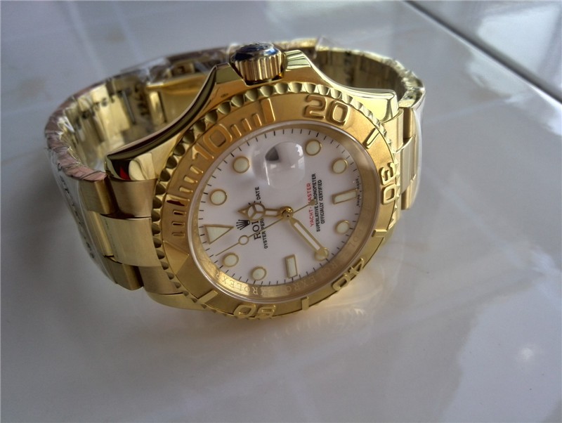 Rolex Yachtmaster II Gold Swiss ETA-White Dial White Dot Markers-Gold Plated Stainless Steel Oyster Bracelet
