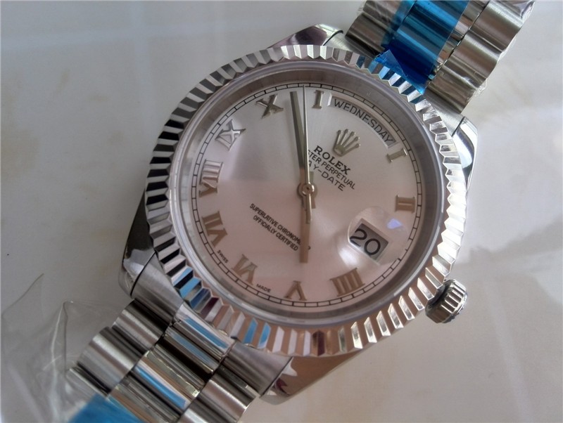 Rolex DayDate II 41mm Swiss Automatic Watch-Silver Dial Roman Numeral Markers-Stainless Steel Presidential Bracelet 