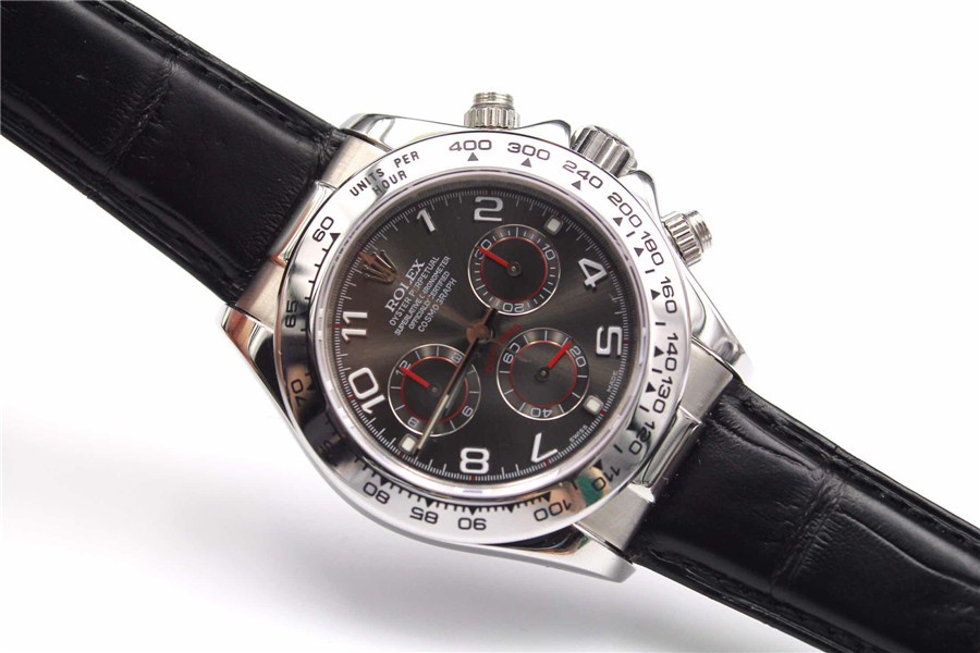 Rolex Daytona Swiss Automatic Watch-Red Ring, Carbonarius Dial-Black Leather Bracelet