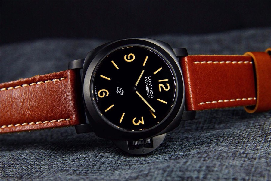 Panerai PAM360 DLC Manual Handwound Swiss Watch-Black Logo Dial-Brown Calf Leather Strap