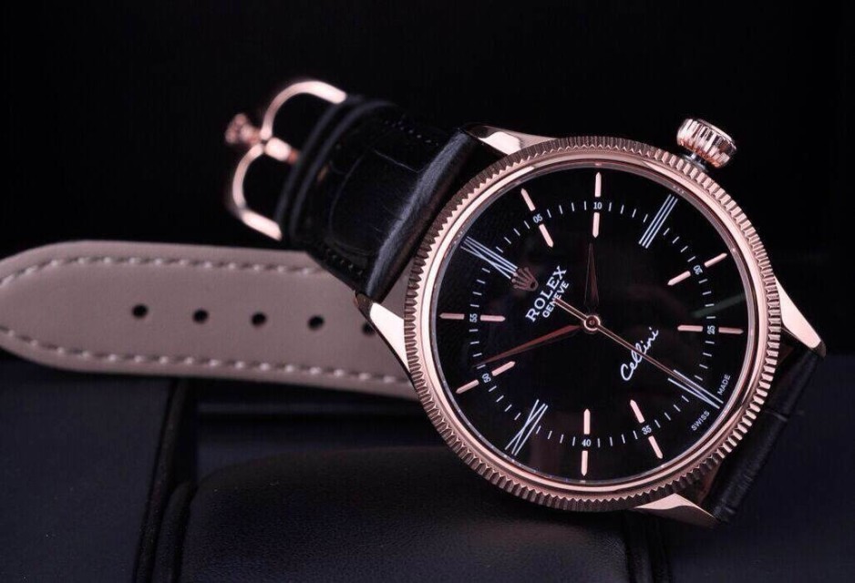 Rolex Cellini Time 50505 Swiss Automatic Watch-Black dial 18K Rose Gold Pointer Hour markers -Black leather strap
