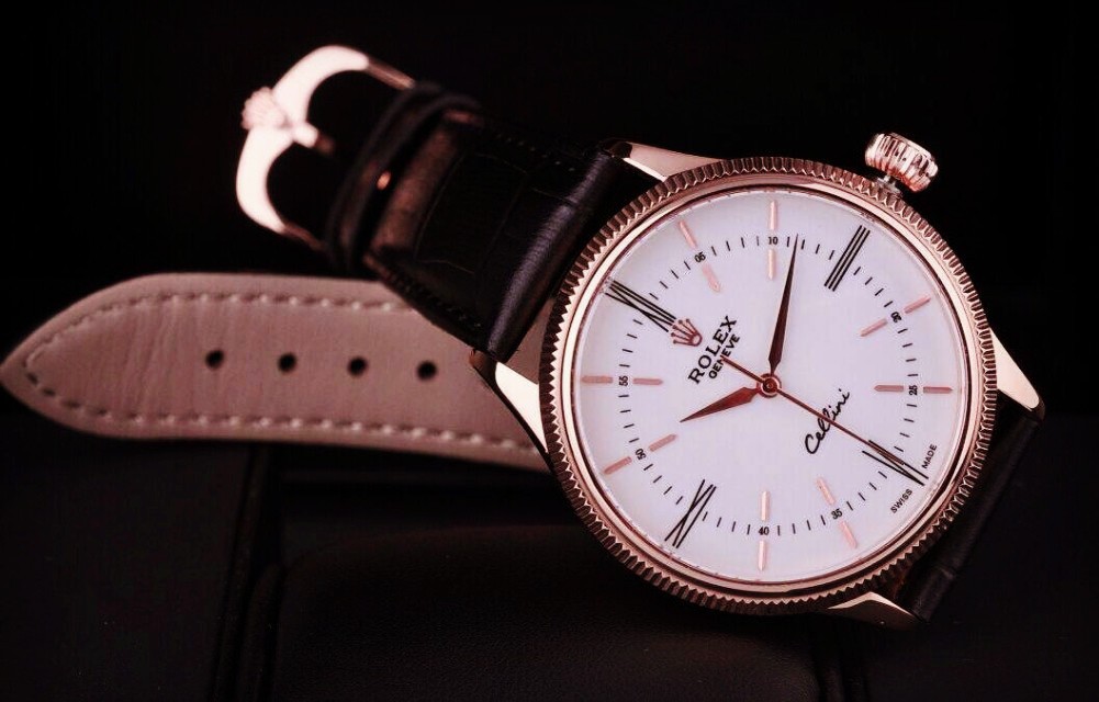 Rolex Cellini Time 50505 Swiss Automatic Watch White Dial 18K Rose Gold Pointer Hour markers Dark Brown leather strap
