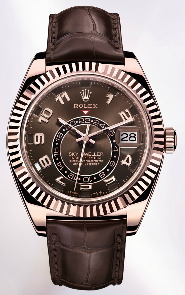 Rolex Sky-Dweller Automatic Watch 18K Rose Gold Chocolate Dial Alligator Strap