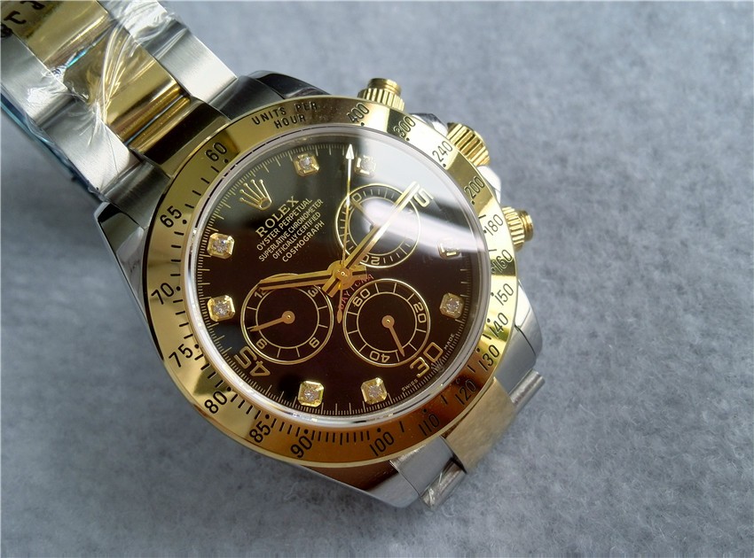 Rolex Daytona Swiss 18K Gold Bi Tone Chronograph-Black Dial Gold Ring Subdials-Diamond Hours-Stainless Steel Oyster Bracelet 