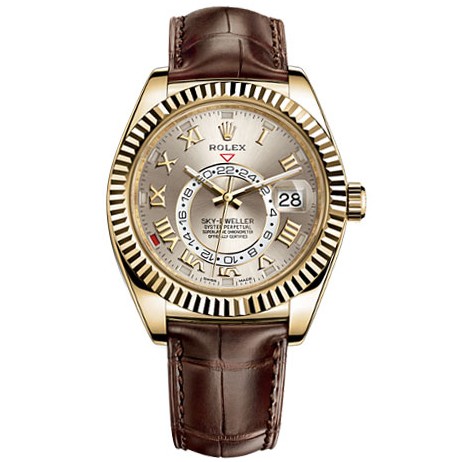 Rolex Sky-Dweller Automatic Watch Yellow Gold Brown Leather Strap