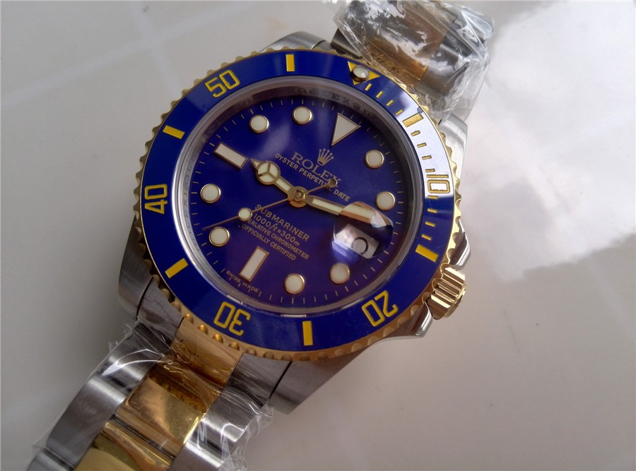 Rolex Submariner Automatic Swiss Watch 18k Gold-Blue Dial with Gold Markers-Stainless Steel New Style Brushed Oyster Bracelet 