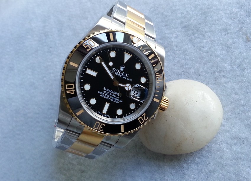 Rolex Submariner Automatic Swiss Watch 18k Gold-Black Dial-Stainless Steel New Style Brushed Oyster Bracelet