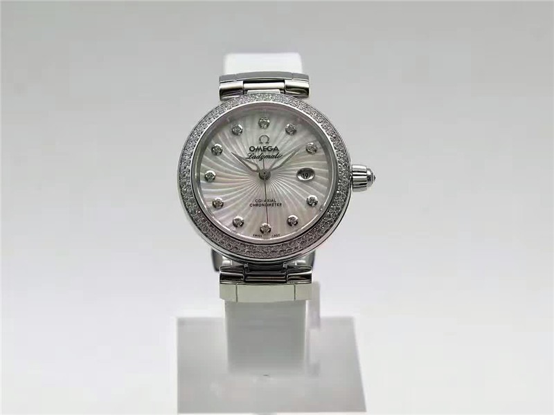 Omega Deville Ladymatic Diamond Swiss Automatic Watch-White Coral Design Dial-White Leather strap