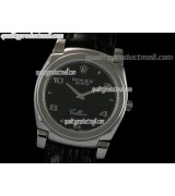 Rolex Cellini Swiss Quartz Watch-Black Dial Droplets/Numeral Hour Markers-Black Leather strap 