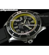 Breitling SuperOcean Abyss 42MM Automatic Watch-Black Dial Yellow Inner Bezel-Pro Diver Black Rubber Strap