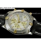 Breitling Chronomat Evolution V3 Chronograph Two Tone Edition 18k Gold-White Dial Gold Subdials Gold Index Hour Markers-Black Leather Strap