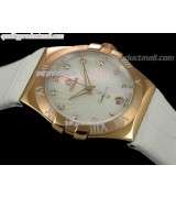 Omega Constellation Midsize 18k Rose Gold-Fan Shell Design White Dial-White Leather Strap