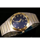 Omega Constellation OM6160 Automatic-18k Gold Blue Dial-Stainless Steel TT Linked Strap