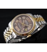 Rolex Datejust E717 Automatic 18k Gold-Coffee Dial Number Markers-Stainless Steel Strap