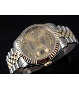 Rolex Day Date Automatic Swiss Watch 18K Gold-Gold Dial Diamond Hour Markers-Stainless Steel Jubilee Bracelet