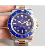 Rolex Submariner Automatic Watch 18K Gold Blue Dial Diamonds Marker