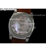 Rolex Cellini Swiss Quartz Watch-MOP Pink Dial Roman Numeral Hour Markers-Brown Leather strap