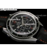 Omega Sea-Master Automatic Chrono-Black Dial-Black Subdials with White Trims-Bar/Orange Numeral Markers-Black Leather Strap