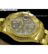 Rolex Yachtmaster II Gold Swiss ETA-Silver Grey Dial White Dot Markers-Gold Plated Stainless Steel Oyster Strap