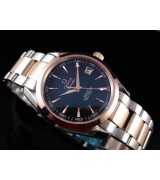 Omega Sea-Master OM6195 Automatic 18k Rose Gold-Blue Dial Black Bezel-Gormment Markers-Brushed Stainless Steel Strap