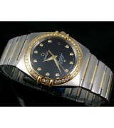 Omega Constellation OM033  Diamond Automatic-18k Black Wave Texture Dial-Stainless Steel TT Linked Strap