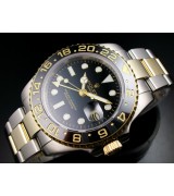 Rolex GMT II E714 Automatic 18k Gold-Black Dial White Dots Sticks Markers-Stainless Steel Oyster Bracelet 