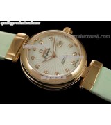 Omega Deville Ladymatic 18k Rose Gold Swiss Automatic Watch-White Coral Design Dial-Green Leather strap