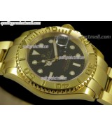 Rolex Yachtmaster II Gold Swiss ETA-Black Dial White Dot Markers-Gold Plated Stainless Steel Oyster Strap