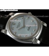 Rolex Cellini Swiss Quartz Watch-Lilac Blue Dial Diamond Hour Markers-Black Leather strap 