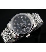 Rolex Datejust 36mm Swiss Automatic Watch-Black Dial Diamond Hour Markers-Stainless Steel Bracelet 