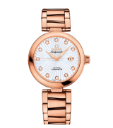 Omega Deville Ladymatic 18k Rose Gold Swiss Automatic Watch-White Coral Design Dial-Stainless Steel Link