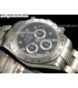 Rolex Daytona Swiss Chronograph-Black Dial Silver Subdials-Diamond Hour Markers-Stainless Steel Oyster Bracelet