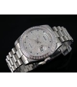 Rolex Day-Date E726 Automatic-Silver Diamond Dial Dots Markers-Stainless Steel Strap