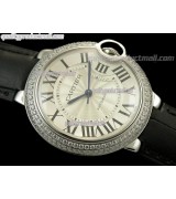 Cartier Blue Ballon Ladies Swiss Watch-White Dial Diamond Crested Bezel-Black Leather Strap