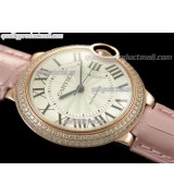 Cartier Blue Ballon Ladies Swiss Watch 18K Rose Gold-White Dial Diamond Crested Bezel-Pink Leather Strap