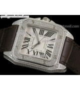 Cartier Santos 100th Anniversary Automatic Watch-White Dial Diamond Crested Bezel-Brown Leather Strap