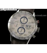 Tag Heuer Carrera Calibre 16 Day Date Automatic Chronograph-White Dial Blue Ring Subdials-Brown Leather Strap