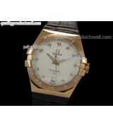 Omega Constellation Midsize 18k Rose Gold Swiss Quartz-Fan Shell Design White Dial-Black Leather Strap