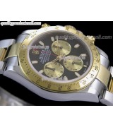 Rolex Daytona Swiss 18K Gold Bi Tone Chronograph-Black Dial Gold Ring Subdials-Stainless Steel Oyster Bracelet