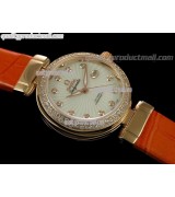 Omega Deville Ladymatic 18k Rose Gold Swiss Automatic Watch-White Coral Design Dial-Orange Leather Strap