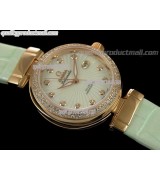 Omega Deville Ladymatic Rose Gold Diamond Swiss Automatic Watch - White Coral Design Dial - Green Leather Strap