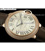 Cartier Blue Ballon Ladies Swiss Watch 18k Rose Gold-White Dial Diamond Crested Bezel-Brown Leather Strap 