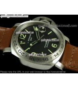 Panerai PAM 029 GMT Quartz-Black Dial Stick Hour Markers-Brown Leather Strap