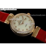 Omega Deville Ladymatic 18k Rose Gold Diamond Swiss Automatic Watch-White Coral Design Dial-Red Leather Strap