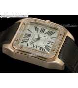 Cartier Santos 100th Anniversary Automatic Ladies Watch 18k Rose Gold-White Dial Diamond Crested Bezel-Brown Leather Strap