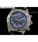 Breitling Chronomat B01 Chronograph-Blue Dial Luminous Roman Numeral Markers-Black Leather Strap 