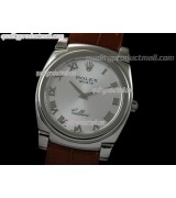 Rolex Cellini Swiss Quartz Watch-Silver Dial Roman Numeral Hour Markers-Brown Leather strap